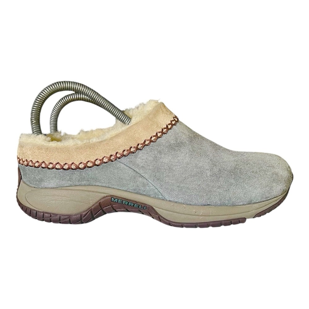 Merrell Encore Ice Womens Grey Suede Faux Fur Lined Clogs Mules Slip‎ On Shoes